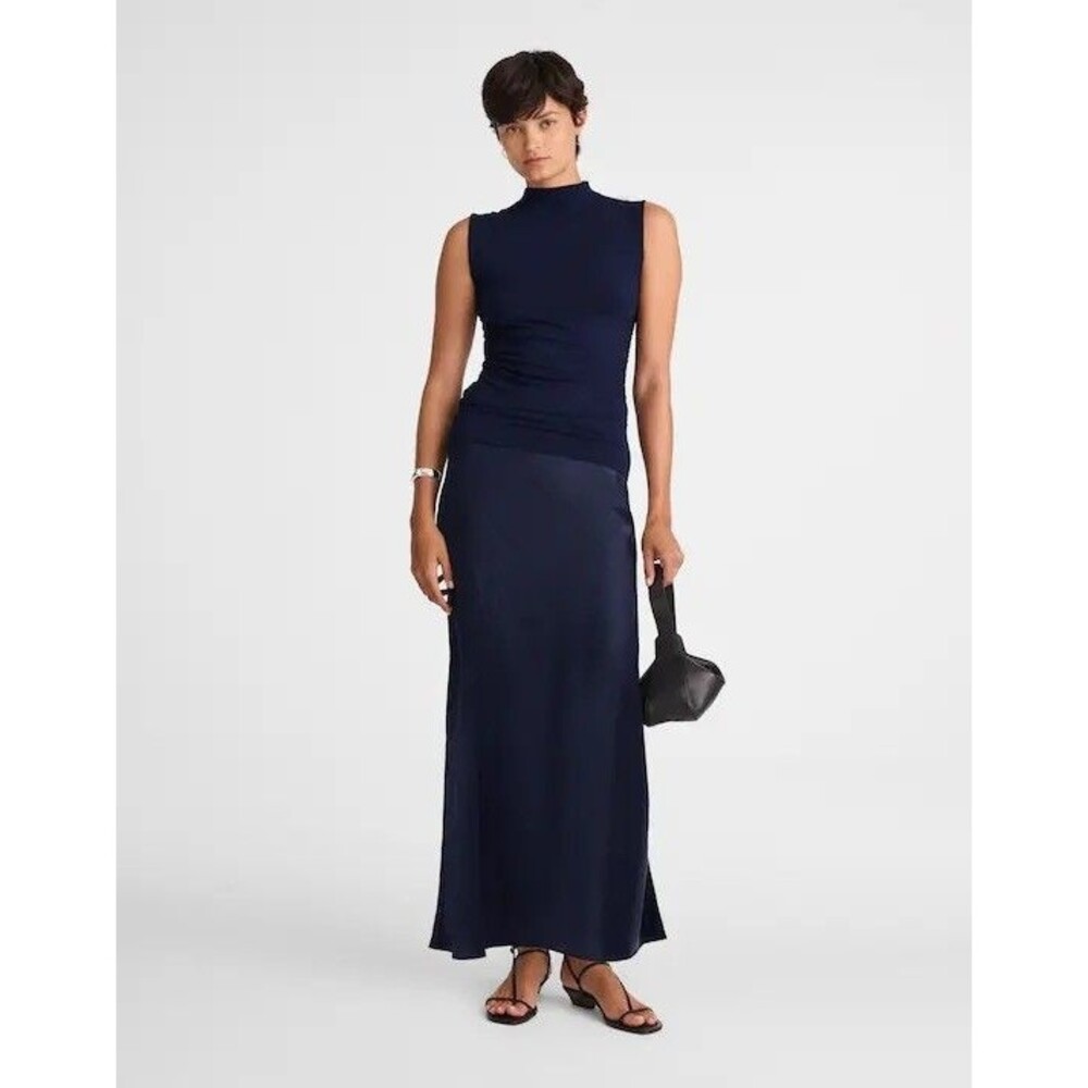 MADEWELL Satin Maxi Slip Skirt 14 Navy Blue Stretch Waist Pull On Slit NWT B18